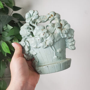 Antique Hubley Cast Iron Cosmos Flower Basket Doorstop Teal Blue